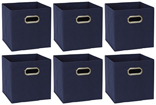 Household Essentials Vintage Wood Storage Trunk, Large, Blue Body/Brown Lid/Floral Design & 81-1 Foldable Fabric Storage Bins | Set of 6 Cubby Cubes with Handles | Navy Blue, 6 lbs