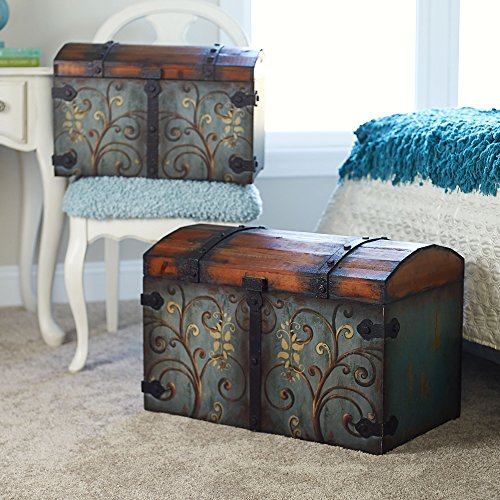 Household Essentials Vintage Wood Storage Trunk, Large, Blue Body/Brown Lid/Floral Design & 81-1 Foldable Fabric Storage Bins | Set of 6 Cubby Cubes with Handles | Navy Blue, 6 lbs
