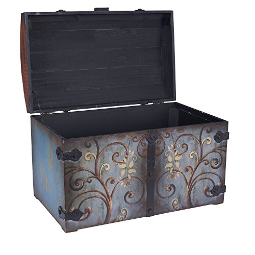 Household Essentials Vintage Wood Storage Trunk, Large, Blue Body/Brown Lid/Floral Design & 81-1 Foldable Fabric Storage Bins | Set of 6 Cubby Cubes with Handles | Navy Blue, 6 lbs