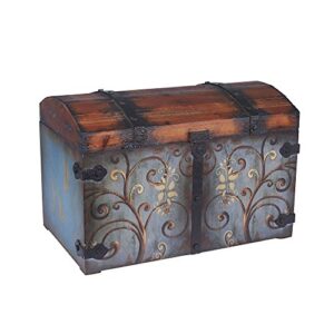 Household Essentials Vintage Wood Storage Trunk, Large, Blue Body/Brown Lid/Floral Design & 81-1 Foldable Fabric Storage Bins | Set of 6 Cubby Cubes with Handles | Navy Blue, 6 lbs