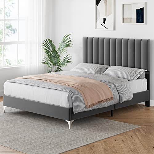 Amyove Full Bed Frame Modern Velvet Upholstered Tufted 11 Inch Bed Frame with Headboard No Box Spring Needed (Full)