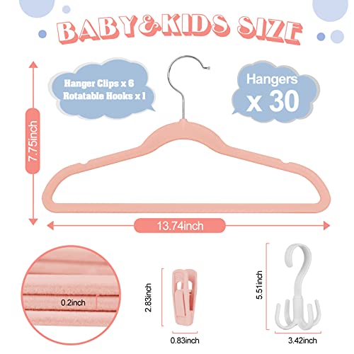 Tinfol Pink Kids Velvet Hangers 30 Pack, Non Slip Baby Hangers with 6 Velvet Hanger Clips, Space Saving Ultra Thin Clothes Hangers for Children's Clothes, Newborn Clothes, Toddler Clothes