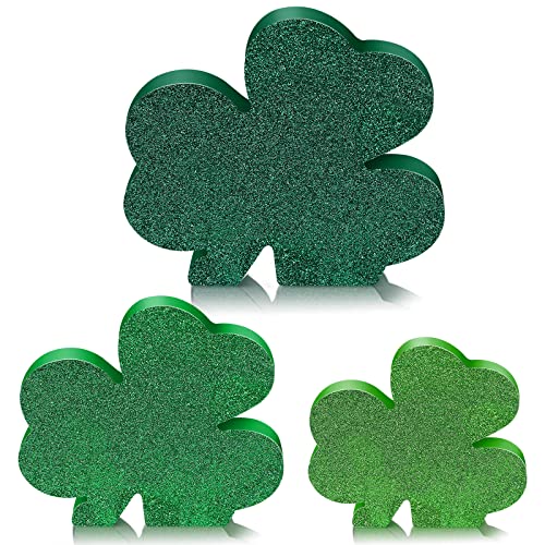 3 Pcs St. Patrick's Day Shamrock Wooden Sign Glitter Rustic Shamrock Shape Wood Decor Tabletop Centerpiece Shamrock Decor Freestanding Love Table Decoration for Irish Desk Home Shelf Decor (Shamrock)