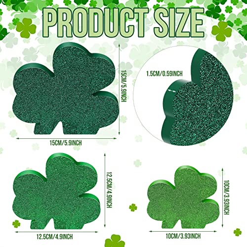 3 Pcs St. Patrick's Day Shamrock Wooden Sign Glitter Rustic Shamrock Shape Wood Decor Tabletop Centerpiece Shamrock Decor Freestanding Love Table Decoration for Irish Desk Home Shelf Decor (Shamrock)