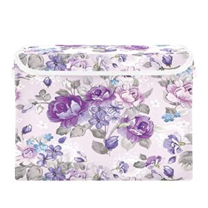 kigai collapsible beautiful purple flowers storage basket with lids and handles,storage bins for shelves closet bedroom,office storage