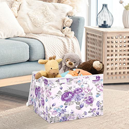 Kigai Collapsible Beautiful Purple Flowers Storage Basket with Lids and Handles,Storage Bins for Shelves Closet Bedroom,Office Storage