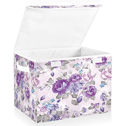 Kigai Collapsible Beautiful Purple Flowers Storage Basket with Lids and Handles,Storage Bins for Shelves Closet Bedroom,Office Storage