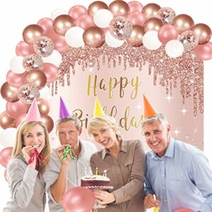 Rose Gold Happy Birthday Banner Backdrop with Confetti Balloon Garland Arch, Happy Birthday Banner Balloon Set for Women Girls, Pink 16th 21st 30th 40th 50th Bday Poster Photo Booth Decor