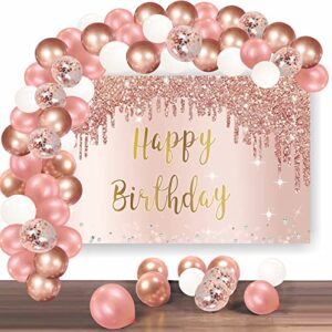 rose gold happy birthday banner backdrop with confetti balloon garland arch, happy birthday banner balloon set for women girls, pink 16th 21st 30th 40th 50th bday poster photo booth decor