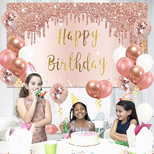 Rose Gold Happy Birthday Banner Backdrop with Confetti Balloon Garland Arch, Happy Birthday Banner Balloon Set for Women Girls, Pink 16th 21st 30th 40th 50th Bday Poster Photo Booth Decor