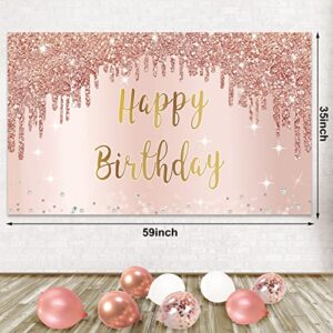 Rose Gold Happy Birthday Banner Backdrop with Confetti Balloon Garland Arch, Happy Birthday Banner Balloon Set for Women Girls, Pink 16th 21st 30th 40th 50th Bday Poster Photo Booth Decor