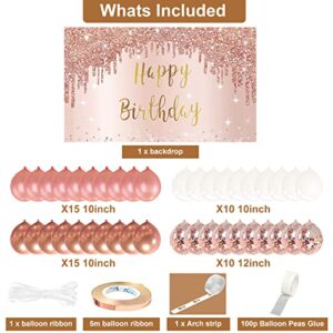 Rose Gold Happy Birthday Banner Backdrop with Confetti Balloon Garland Arch, Happy Birthday Banner Balloon Set for Women Girls, Pink 16th 21st 30th 40th 50th Bday Poster Photo Booth Decor