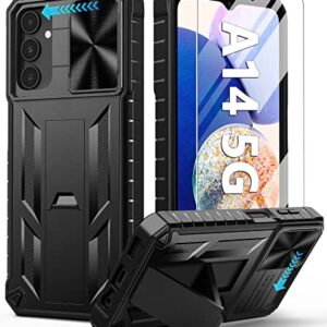 FNTCASE for Samsung Galaxy A14-5G Case: Protective Shockproof Rugged Military Grade Drop Protection A14 Cell Phone Mobile Cover with Kickstand | TPU Matte Textured Tough Hybrid Hard Cases - Black