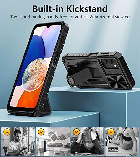FNTCASE for Samsung Galaxy A14-5G Case: Protective Shockproof Rugged Military Grade Drop Protection A14 Cell Phone Mobile Cover with Kickstand | TPU Matte Textured Tough Hybrid Hard Cases - Black