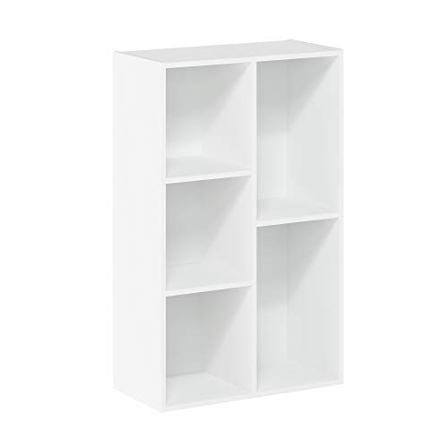 Furinno (99557LC/BK Turn-N-Tube 4-Tier Multipurpose Shelf Display Rack - Light Cherry/Black & Luder Bookcase / Book / Storage, 5-Cube, White