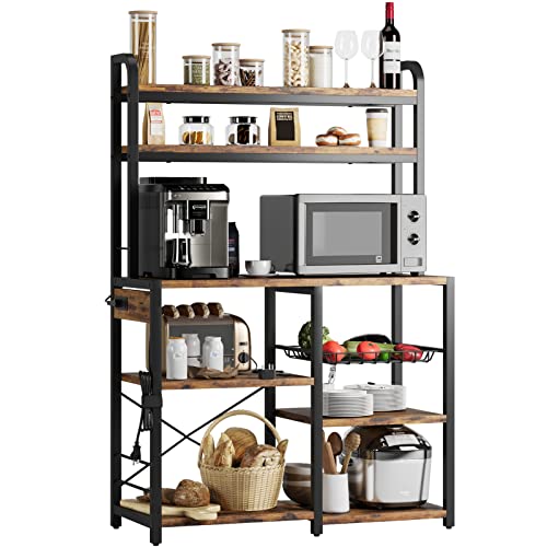 IDEALHOUSE Bakers Rack with Power Outlet, Coffee Bar with Wire Drawer, Industrial Microwave Stand, Kitchen Buffet Table with Large Storage, 6-Tier Kitchen Storage Rack with Hutch, Rustic Brown