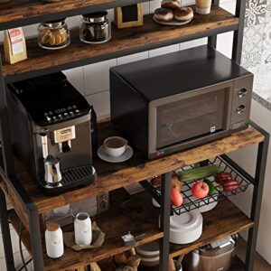 IDEALHOUSE Bakers Rack with Power Outlet, Coffee Bar with Wire Drawer, Industrial Microwave Stand, Kitchen Buffet Table with Large Storage, 6-Tier Kitchen Storage Rack with Hutch, Rustic Brown