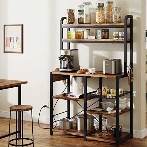 IDEALHOUSE Bakers Rack with Power Outlet, Coffee Bar with Wire Drawer, Industrial Microwave Stand, Kitchen Buffet Table with Large Storage, 6-Tier Kitchen Storage Rack with Hutch, Rustic Brown