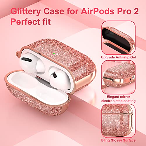 Aiiko Apple Airpods Pro 2nd Generation Case, Glitter Airpods Pro 2 Case Cover with Keychain for Girls Women Glossy Hard Airpods Pro 2 Case Compatible AirPods Pro 2nd Generation Charging Case(RoseGold)