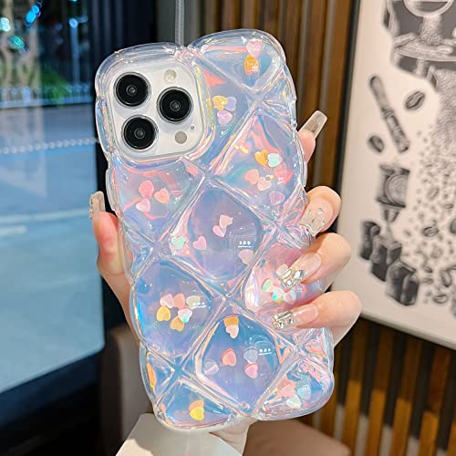 Qokey Compatible with iPhone 13 Pro Max Case,Cute Laser Gradual Bling Love Heart Glitter Clear+Translucent Card Soft Wave Frame Anti-Falling 3D Thick Shockproof Phone Cover(for 13 Pro Max 6.7)