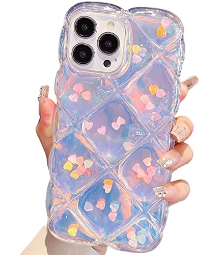 Qokey Compatible with iPhone 13 Pro Max Case,Cute Laser Gradual Bling Love Heart Glitter Clear+Translucent Card Soft Wave Frame Anti-Falling 3D Thick Shockproof Phone Cover(for 13 Pro Max 6.7)