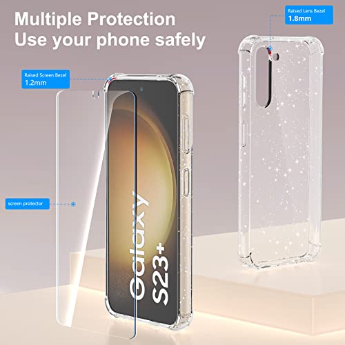 KSWOUS for Samsung Galaxy S23 Plus Case Glitter Clear with Screen Protector[2 Pack], [Military Protection] Bling Sparkly Cute Bumper Shockproof Slim Cover for Women Girls