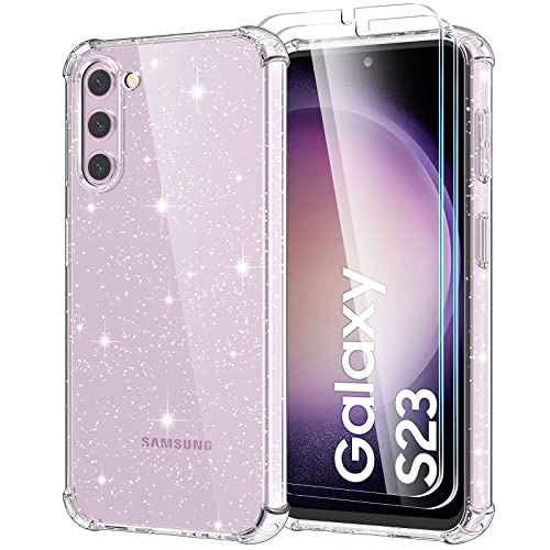 KSWOUS for Samsung Galaxy S23 Case Glitter Clear with Screen Protector[2 Pack], [Military Protection] Bling Sparkly Cute Bumper Shockproof Slim Cover for Women Girls