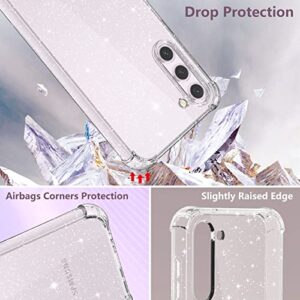 KSWOUS for Samsung Galaxy S23 Case Glitter Clear with Screen Protector[2 Pack], [Military Protection] Bling Sparkly Cute Bumper Shockproof Slim Cover for Women Girls