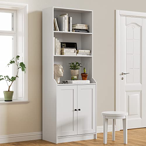 Cozy Castle White Bookshelf with Doors, Tall Bookcase with 3-Tier Open Shelves for Bedroom, Living Room, 27.6" W x 15.7" D x 75.6" H