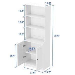 Cozy Castle White Bookshelf with Doors, Tall Bookcase with 3-Tier Open Shelves for Bedroom, Living Room, 27.6" W x 15.7" D x 75.6" H