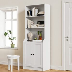 Cozy Castle White Bookshelf with Doors, Tall Bookcase with 3-Tier Open Shelves for Bedroom, Living Room, 27.6" W x 15.7" D x 75.6" H