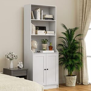 Cozy Castle White Bookshelf with Doors, Tall Bookcase with 3-Tier Open Shelves for Bedroom, Living Room, 27.6" W x 15.7" D x 75.6" H