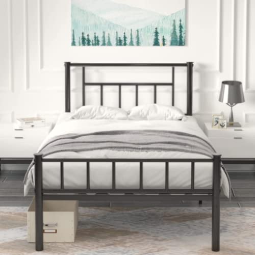 Twin Bed Frame Twin Platform Bed Frames with Headboard & Footboard Heavy Duty Twin Size Bed Frames with Steel Slat Support Under Bed Storage, Mattress Foundation, No Box Spring Needed, Black