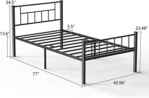 Twin Bed Frame Twin Platform Bed Frames with Headboard & Footboard Heavy Duty Twin Size Bed Frames with Steel Slat Support Under Bed Storage, Mattress Foundation, No Box Spring Needed, Black