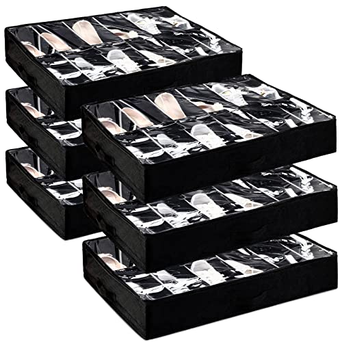 6 Pieces Under Bed Shoe Storage Organizer Underbed Shoe Organizer Foldable Fabric Shoes Container Box with Clear Cover See Through Window Zipper and 2 Handles for Kid Adult, Each Fits 12 Pairs of Shoe