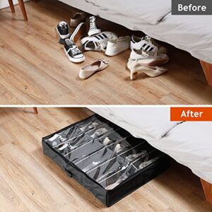 6 Pieces Under Bed Shoe Storage Organizer Underbed Shoe Organizer Foldable Fabric Shoes Container Box with Clear Cover See Through Window Zipper and 2 Handles for Kid Adult, Each Fits 12 Pairs of Shoe