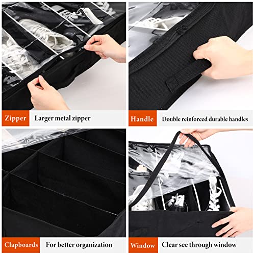 6 Pieces Under Bed Shoe Storage Organizer Underbed Shoe Organizer Foldable Fabric Shoes Container Box with Clear Cover See Through Window Zipper and 2 Handles for Kid Adult, Each Fits 12 Pairs of Shoe