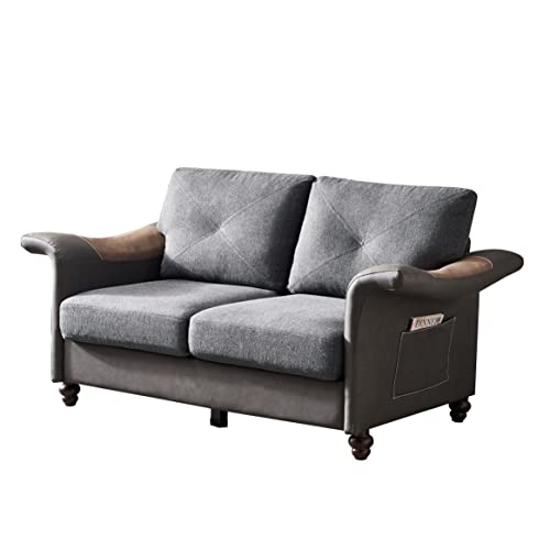 Mbolyeer Modern Upholstered Fabric Loveseat Sofa: 61.5" Mid Century 2 Seater Sofa - Linen Fabric Faux Leather Sofa Couch - Wood Legs - Small Spaces Bedroom Apartment Office Living Room,Dark Grey