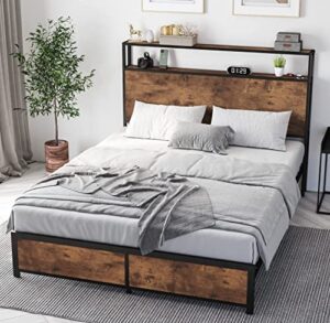 queen bed frame with 2-tier storage headboard, platform bed frame queen size no box spring needed, metal bed frame queen with heavy duty steel slats, underbed storage space, noise free, dark brown
