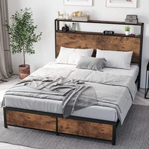 Queen Bed Frame with 2-Tier Storage Headboard, Platform Bed Frame Queen Size No Box Spring Needed, Metal Bed Frame Queen with Heavy Duty Steel Slats, Underbed Storage Space, Noise Free, Dark Brown