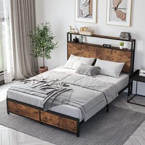 Queen Bed Frame with 2-Tier Storage Headboard, Platform Bed Frame Queen Size No Box Spring Needed, Metal Bed Frame Queen with Heavy Duty Steel Slats, Underbed Storage Space, Noise Free, Dark Brown