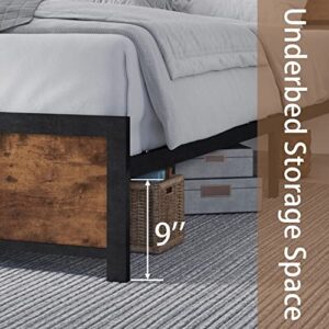 Queen Bed Frame with 2-Tier Storage Headboard, Platform Bed Frame Queen Size No Box Spring Needed, Metal Bed Frame Queen with Heavy Duty Steel Slats, Underbed Storage Space, Noise Free, Dark Brown