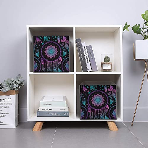 DamTma Colorful Dream Catcher Feathers Collapsible Storage Bins Ethnic Bohemian Pattern Fabric Storage Cubes with Handles Basket Storage Organizer for Shelves Closet Bedroom Living Room 10.6 in