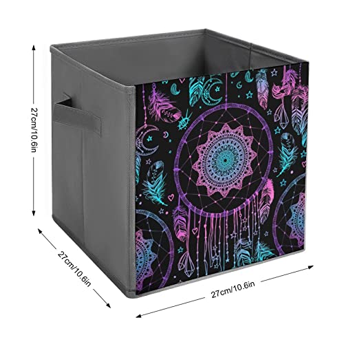 DamTma Colorful Dream Catcher Feathers Collapsible Storage Bins Ethnic Bohemian Pattern Fabric Storage Cubes with Handles Basket Storage Organizer for Shelves Closet Bedroom Living Room 10.6 in
