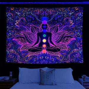 VEEMONIK Blacklight Chakras Tapestry, Spiritual Tapestry Yoga Meditation Hippie Tapestries Wall Hanging, Buddha UV Reactive Tapestry for Bedroom Aesthetic - 51x59 inches