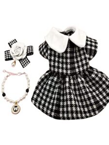 qwinee 3pcs dog dress & flower bow & necklace set geometric princess dress with flower bow deco puppy skirt with pearls jewelry necklace for small medium cats dogs kitten black and white xs