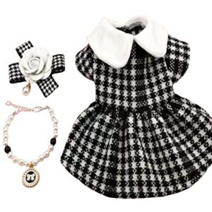 QWINEE 3pcs Dog Dress & Flower Bow & Necklace Set Geometric Princess Dress with Flower Bow Deco Puppy Skirt with Pearls Jewelry Necklace for Small Medium Cats Dogs Kitten Black and White XS