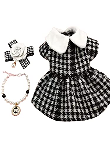 QWINEE 3pcs Dog Dress & Flower Bow & Necklace Set Geometric Princess Dress with Flower Bow Deco Puppy Skirt with Pearls Jewelry Necklace for Small Medium Cats Dogs Kitten Black and White XS