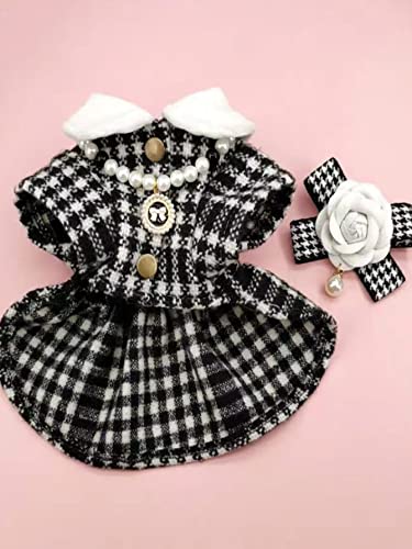 QWINEE 3pcs Dog Dress & Flower Bow & Necklace Set Geometric Princess Dress with Flower Bow Deco Puppy Skirt with Pearls Jewelry Necklace for Small Medium Cats Dogs Kitten Black and White XS