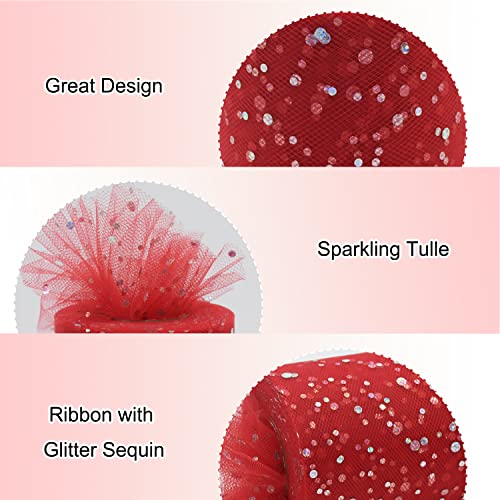 Red Tulle Glitter Tulle Fabric 6 Inch by 50 Yards (150 feet) Tulle Ribbon for Gift Wrapping Sparkle Sequin Tulle Rolls Spool DIY Party Wedding Birthday Decor